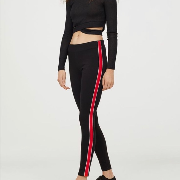 H&M black skinny pants Leggings red white stripe excellent condition Large - Picture 1 of 8